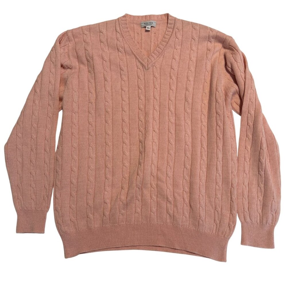 Vintage Kiltee Pink Cable Knit V-Neck Sweater XL Made In Italy 100% Merino Wool